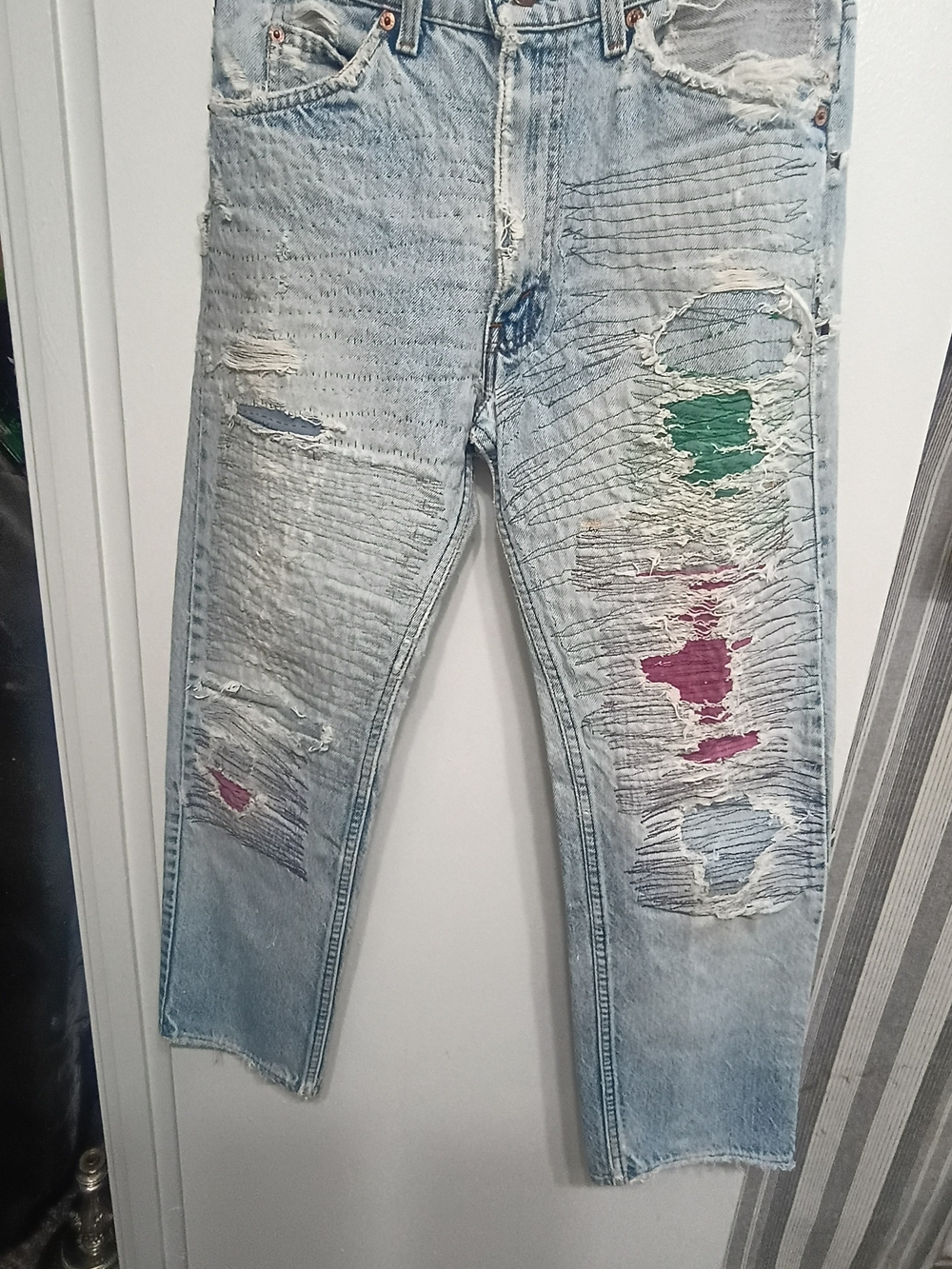 Levi's Light Wash Straight Leg Jeans with Green & Pink Patchwork